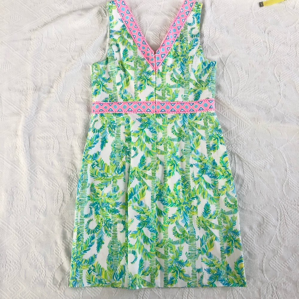 Lilly Pulitzer Sleeveless V-Neck Palm Print Sheath Dress in Green & Pink - Picture 6 of 7